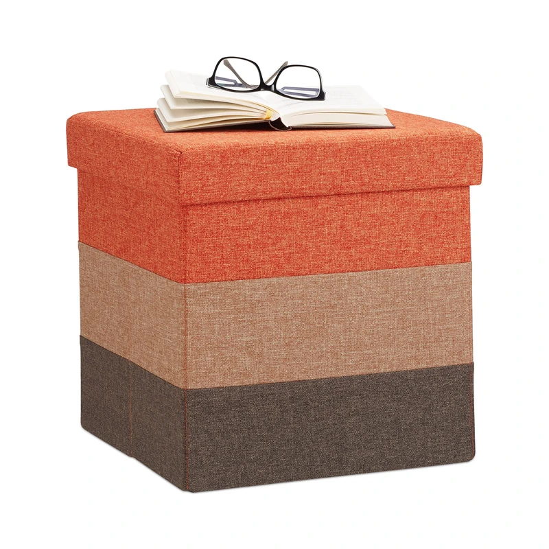 Relaxdays Padded Storage Ottoman, Colourful, Striped Seat, Folding Footstool HWD: 38 x 38 x 38 cm, Orange-Brown