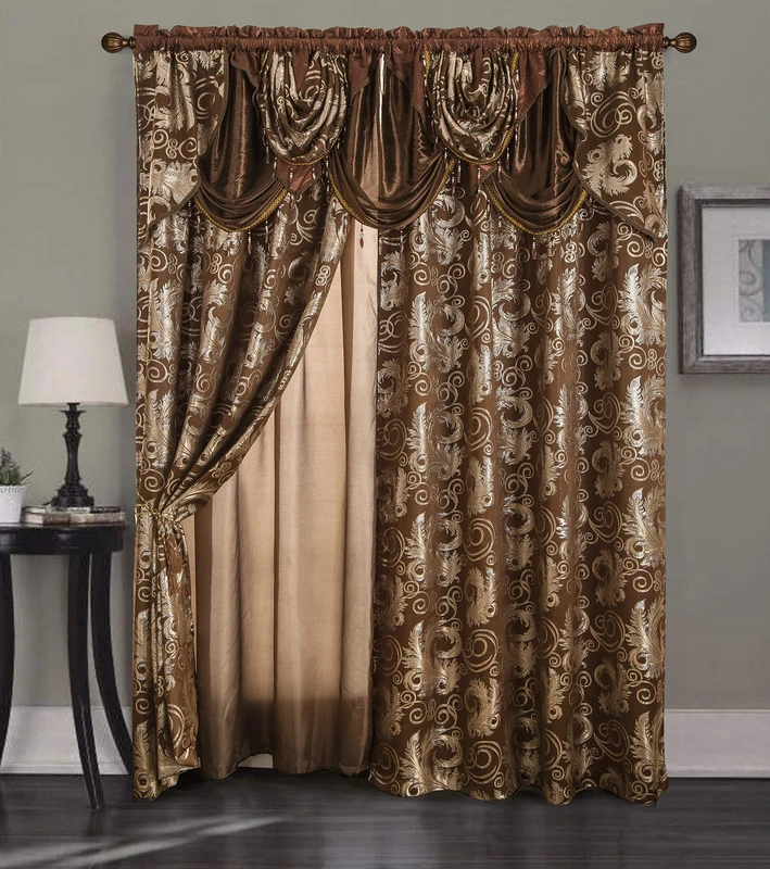 Golden Rugs Jacquard Luxury Curtain Window Panel Set with Attached Valance and Backing Bedroom Living Room Dining 110inX84in Each Jana Collection (Brown)