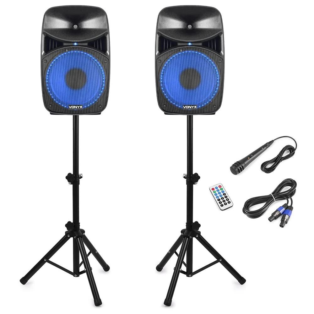 Vonyx VPS122A 12" Bluetooth Active Party Speaker System with LED Lights, Active/Passive Speaker Pair with Speaker Stands & Microphone - Ideal for Home Audio, Parties, DJ Events & Karaoke Nights