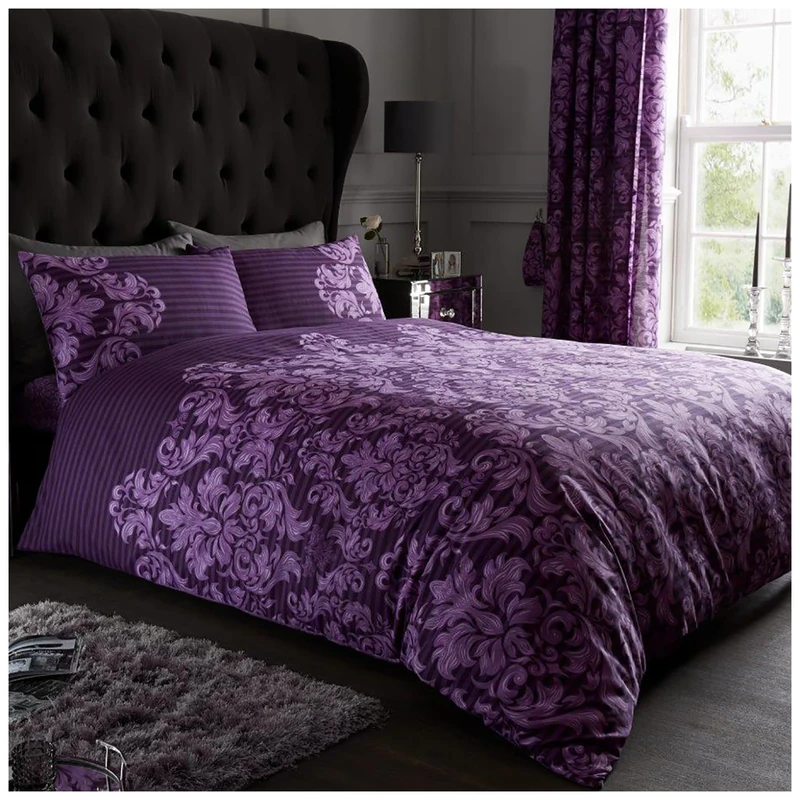 Gaveno Cavailia Luxurious Empire Damask Bed Set with Duvet Cover and Pillow Cases, Polyester-Cotton, Purple, King