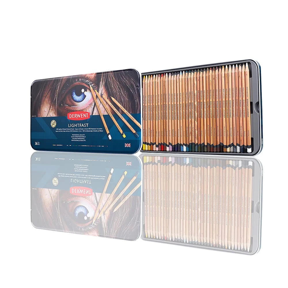 Derwent 2302721 Lightfast Pencils Tin Round,Premium Core Strength,Creamy Texture,Ideal For Fine Art Drawing & Colouring, Professional Quality set of 36,Yellow,Green,White,Salmon,Violet,Brown,Black