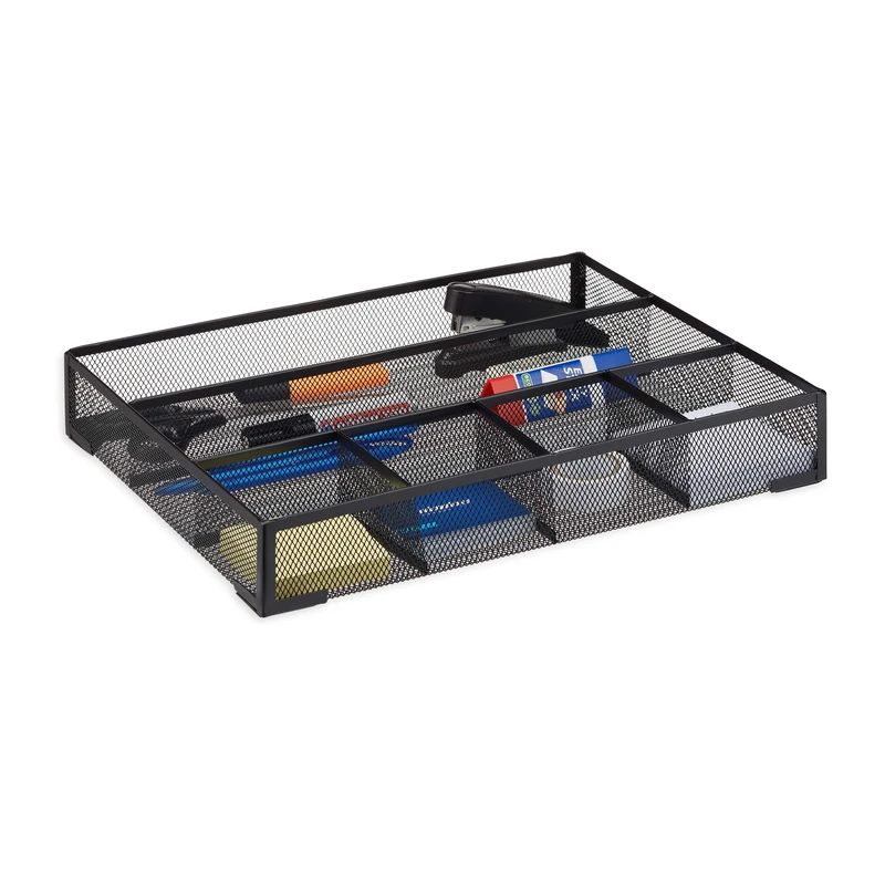 Relaxdays Desk Organiser, Non-Slip Drawer Insert with 6 Compartments, Metal Mesh, HWD: 6x38x30 cm, Black
