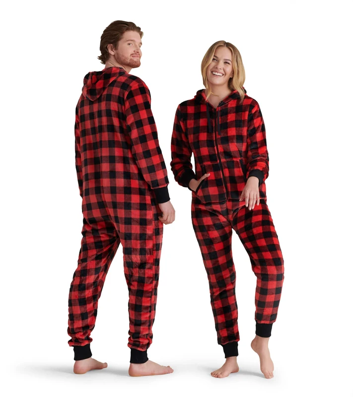 Hatley Women's Hooded Fuzzy Fleece Plaid Family Jumpuits Onesie, Red (Adult Jumpsuit - Plaid ), L UK - Image 1