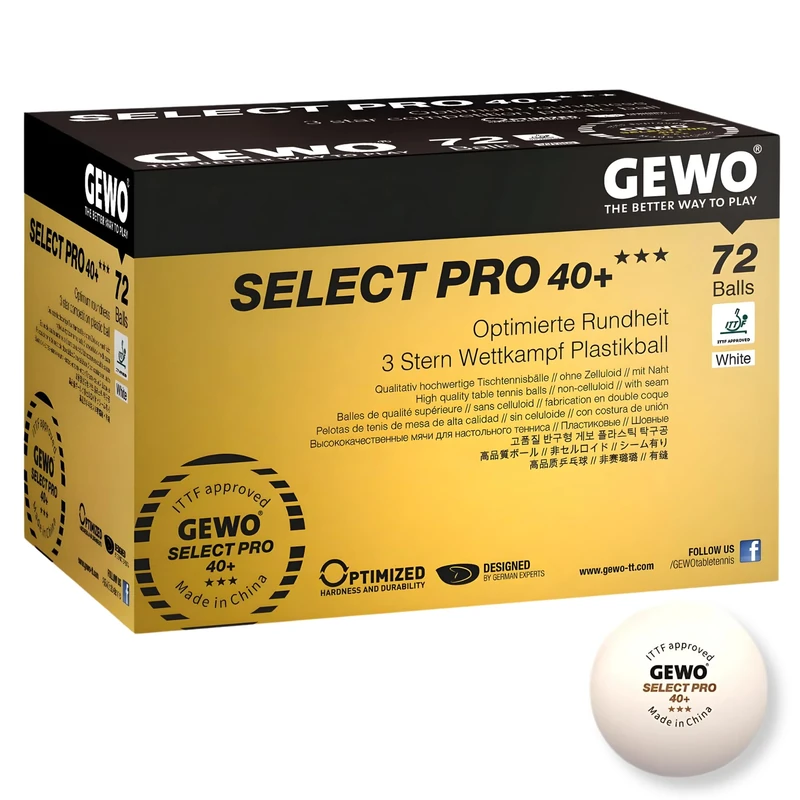GEWO Select PRO Table Tennis Balls - 3 Star Table Tennis Ball Made of Plastic 40+ with Stitching - ITTF Certified Competition Balls - 72 Professional Table Tennis Balls White, 40+ mm,