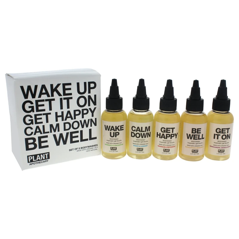 Travel Size Organic Body Washes Set by Plant Apothecary for Unisex - 5 x 2.3 oz Wake Up, Get Happy, Be Well, Get It On, Calm Down