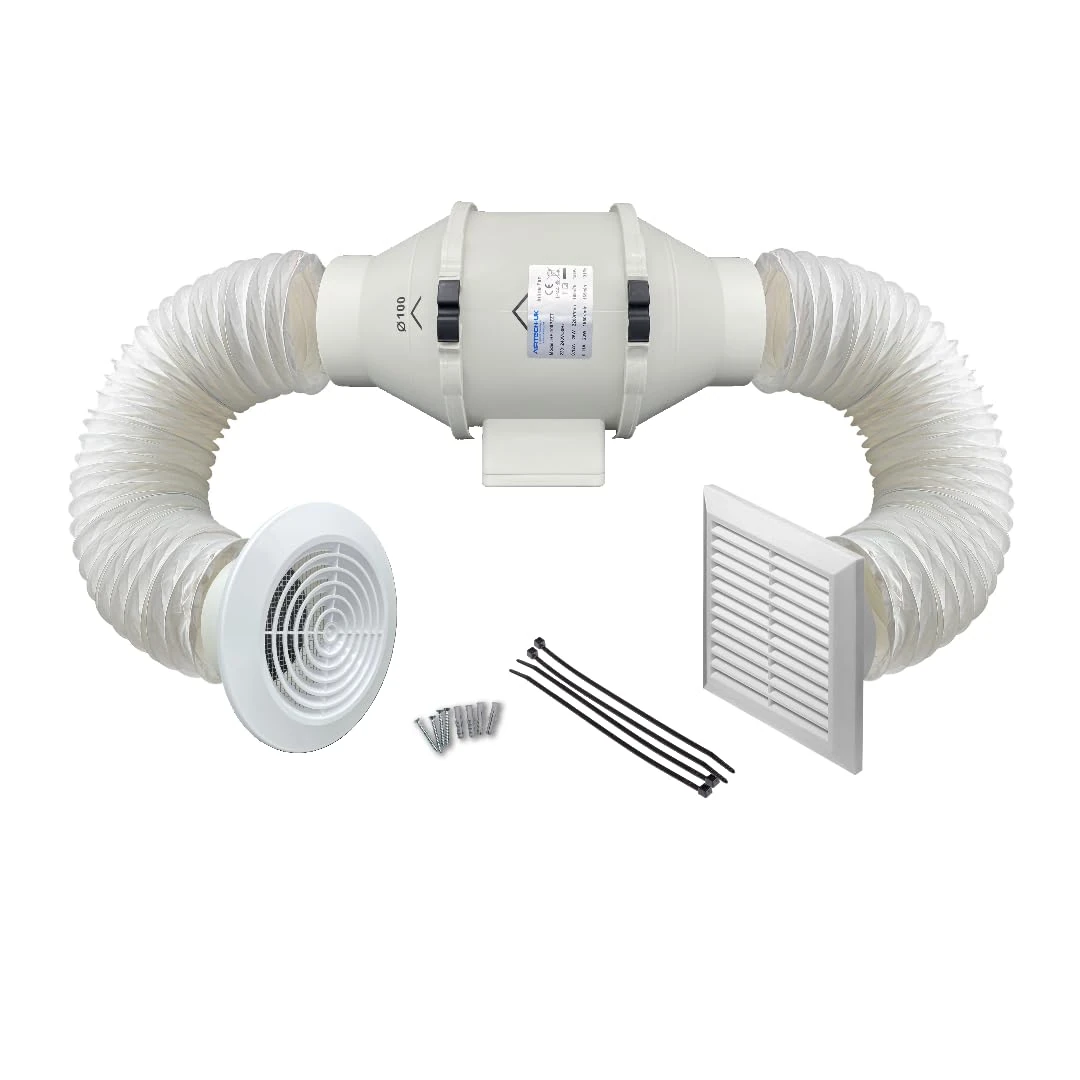 AirTech-UK - Inline Bathroom Extractor Fan Kit Run on Timer - 4 inches 100mm Duct Opening - High Power – Silent Extractor Fan For Bathroom – 2 Speed - Loft Ceiling Mounted - FlowMax Elite