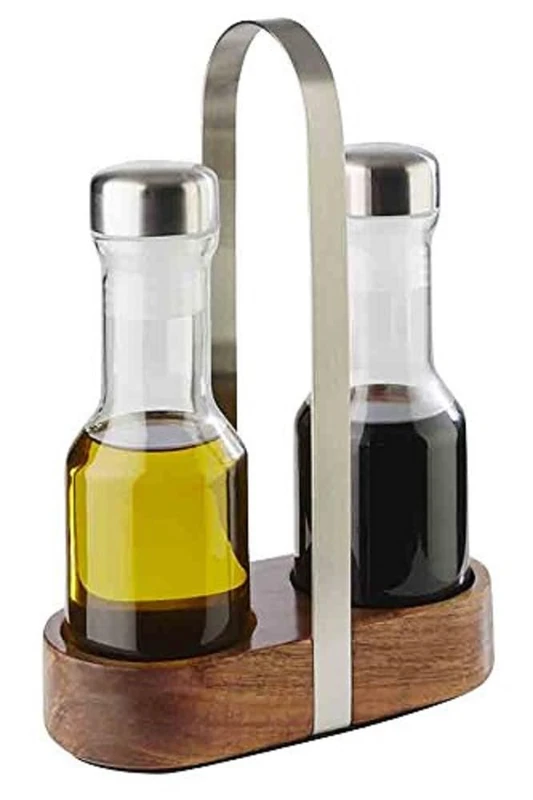 APS Vinegar- & Oil-Menage ''Wood'', Glass Bottles, Vinegar and Oil Vessels, Matt Polished, Glass Container with Stainless Steel Lid and Screw Cap, 7,5 x 16 cm, 24,5 cm Height