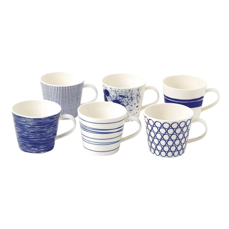 Royal Doulton 40034459 - Coffee Mugs Set of 6, Pacific Blue Collection - Small Porcelain Mugs - Perfect for Coffee, Tea and Hot Beverages - Blue & White Mugs, 280ml
