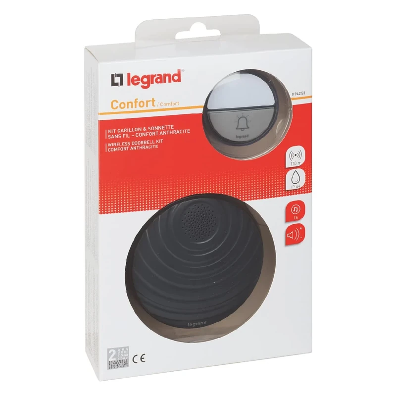 Legrand 094253 Wireless Bell Set Comfort with Waterproof Bell Push (IP44) Battery Operated 1x Gong with 15 Melodies 1x Bell Push 100 m Range