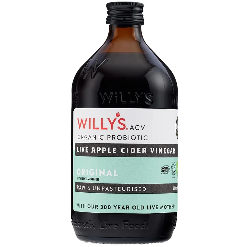WILLY'S Apple Cider Vinegar with Live Mother - Probiotics For Detox & Gut Health - 500ML Glass Bottle - Organic, Raw, Unpasteurised, Naturally Fermented ACV