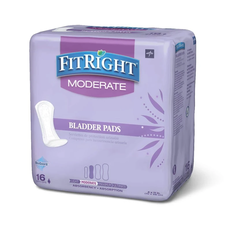 FitRight Incontinence Bladder Control Pads, Moderate Absorbency, 4.3" x 11", 16 Count (Pack of 12)