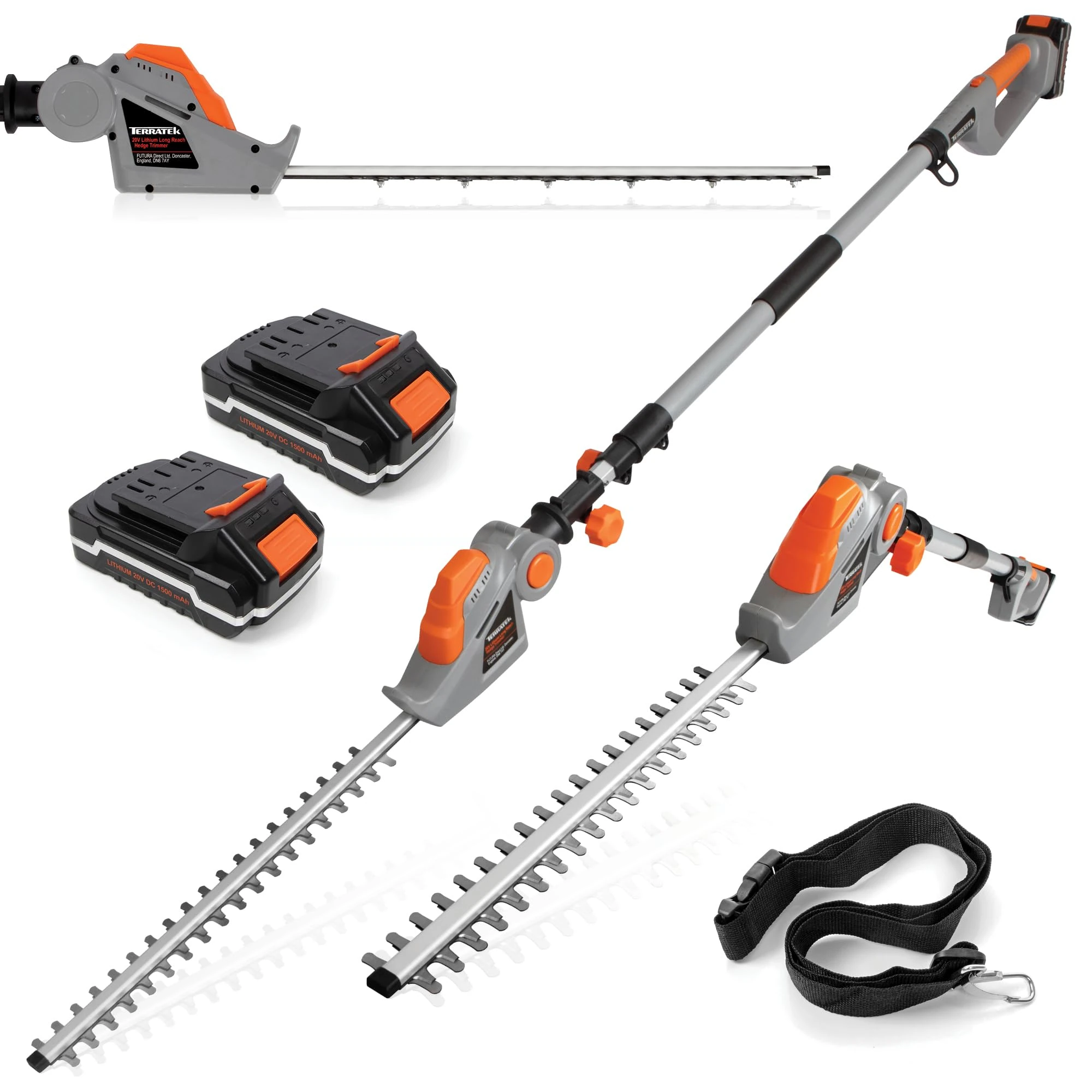 Terratek Cordless Hedge Trimmer Long Reach 20V 1HR Fast Charge, 2.4m Telescopic Hedge Trimmer Cordless Hedge Cutter with 2x Batteries, Shoulder Strap and Charger Included
