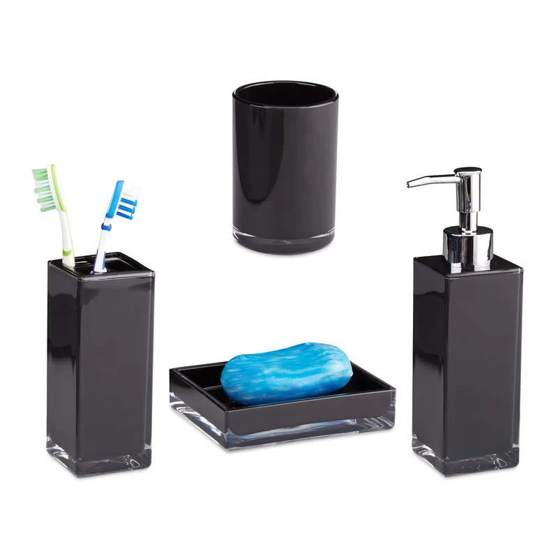 Relaxdays Bath Accessories 4-Piece Set, Toothbrush Holder, Tumbler, Soap Dispenser and Dish, Black