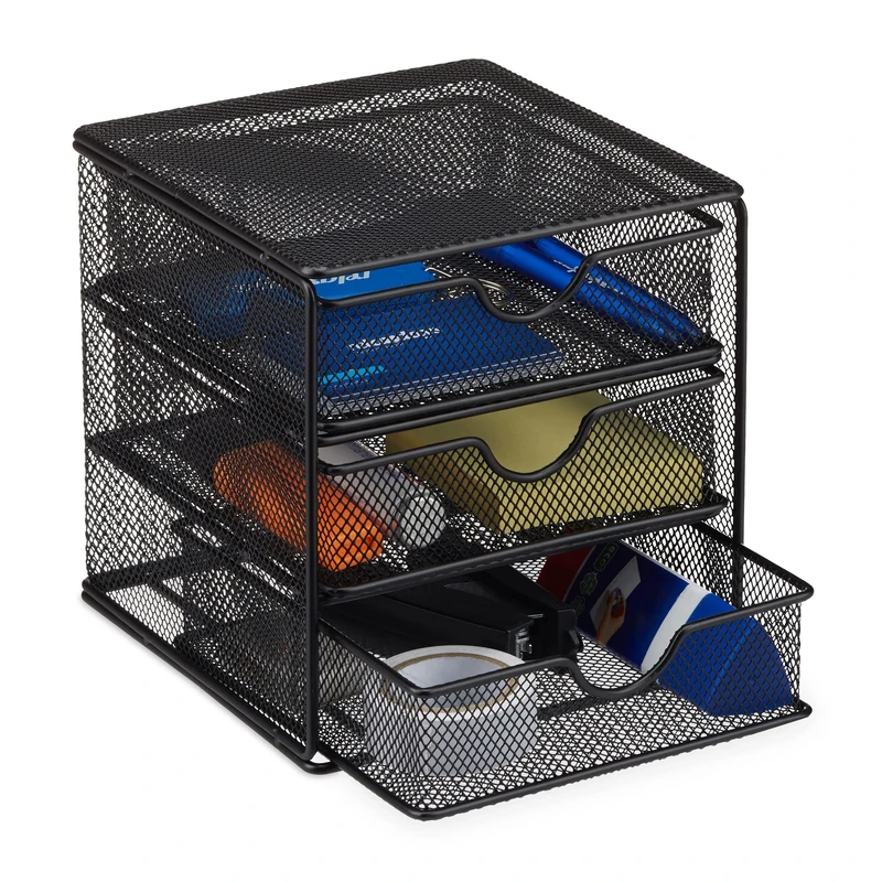 Relaxdays Desk Organizer, Metal Mesh Storage Box, File Sorter, Stationery Office Tray, HWD: 17x16x17 cm, Black, Steel, 17 x 16 x 17 cm