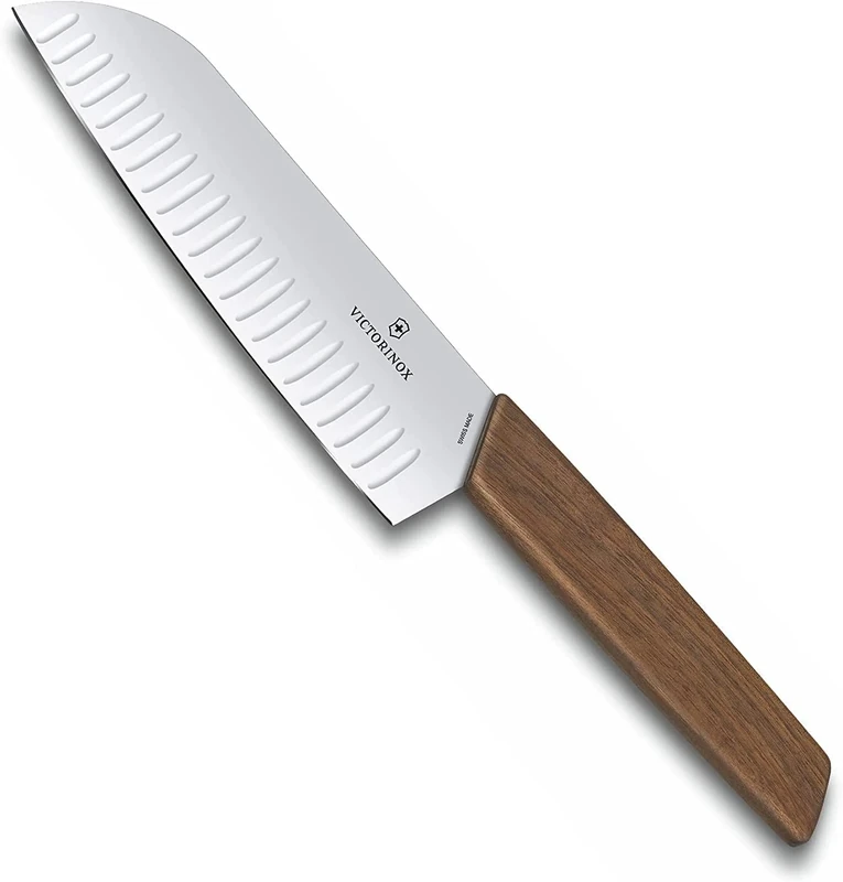 Victorinox Swiss Modern, Santoku Knife, Extra Sharp Blade, Fluted Edge, 17 cm, Noble Wooden Handle, Stainless Steel, Brown