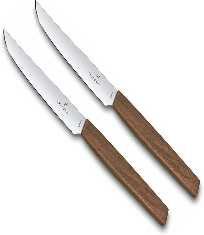 Victorinox Swiss Modern, Steak Knife Set, Set of 2, Extra Sharp Blade, Straight Edge, 12 cm, Holzgriff, Stainless Steel, Brown