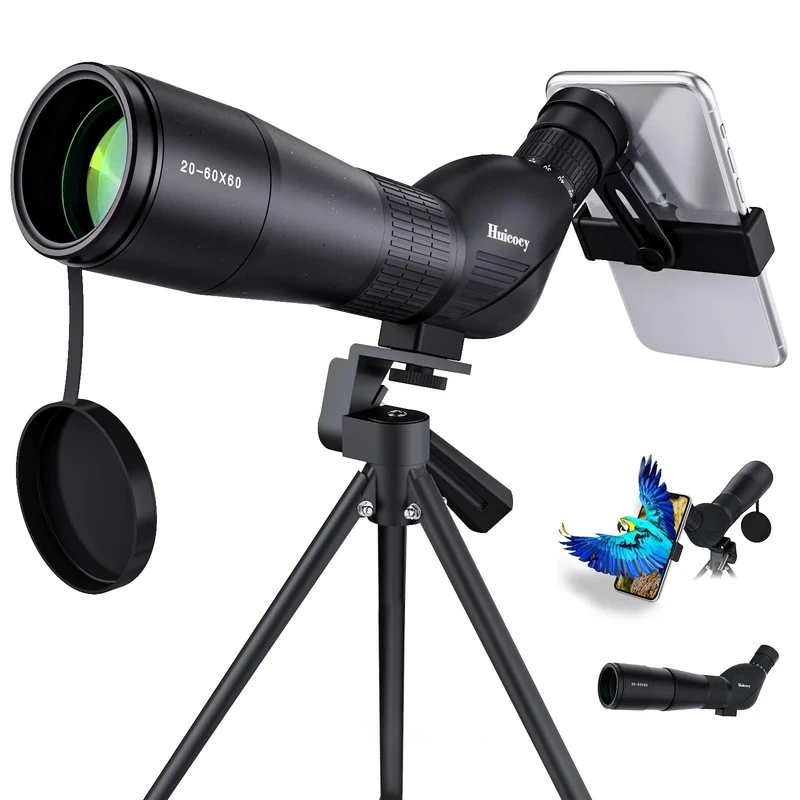 Spotting Scope,Huicocy 20-60x60mm Zoom 39-19m/1000m Fully Multi Coated Optical Lens Fogproof and Movably Eyepiece Rubber Design Telescope with Quick Smartphone Mount Kit and Tabletop Tripod for Target