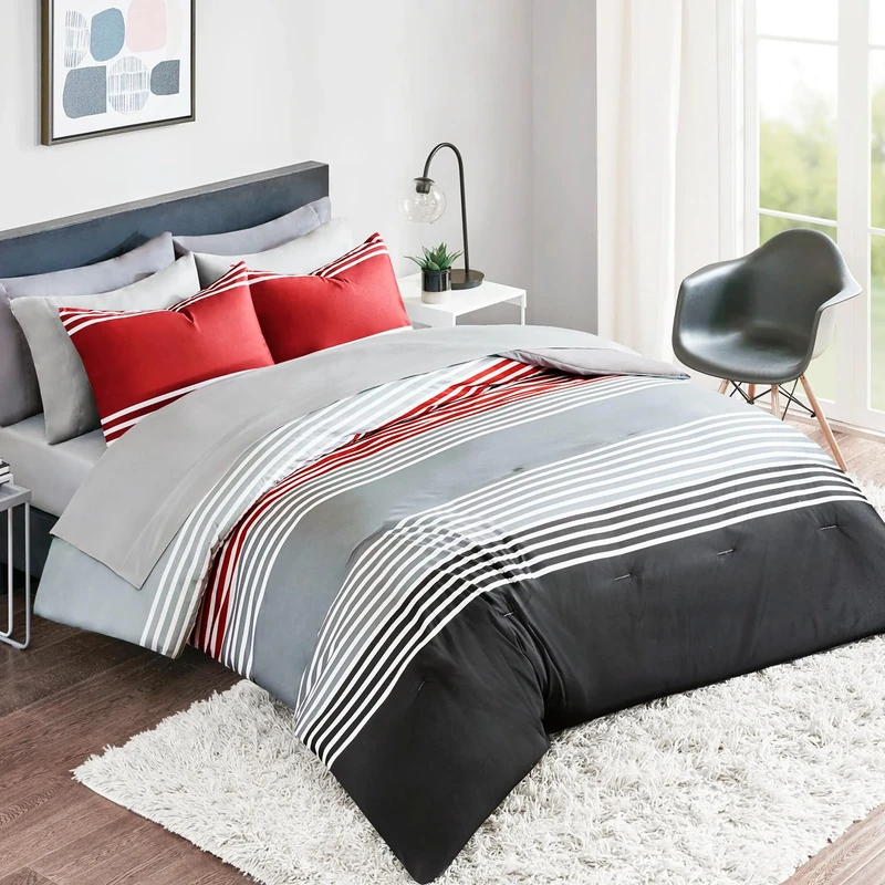 Comfort Spaces Cozy Comforter with Complete Sheet Set with Side Pocket, All Season Cover, Matching Shams, Microfiber, Colin Red/Grey, Full(80"x90")