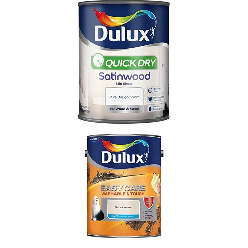 Dulux Quick Dry Satinwood Paint, 750 ml (Pure Brilliant White) Easycare Washable and Tough Matt (Natural Hessian)