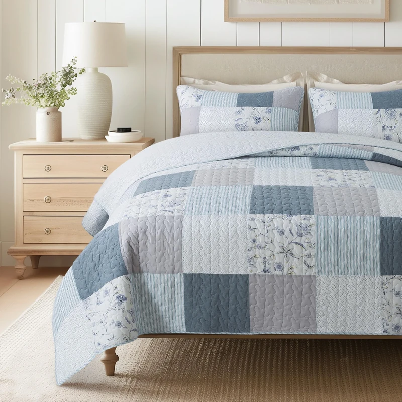 SLPR Coastal Dream 2-Piece Real Patchwork Cotton Quilt Set (173cm x 224cm) | with 1 Sham Pre-Washed Reversible Machine Washable Lightweight Bedspread Coverlet