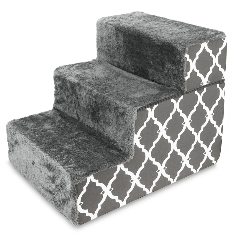 Best Pet Supplies Dog Stairs & Steps - Foam Steps for Small Dogs & Cats, Non-Slip Indoor Balanced Pet Step Support, Dog Ramp, No Assembly, Gray Lattice Print, Foldable 3-Step (16.5-inch Height)
