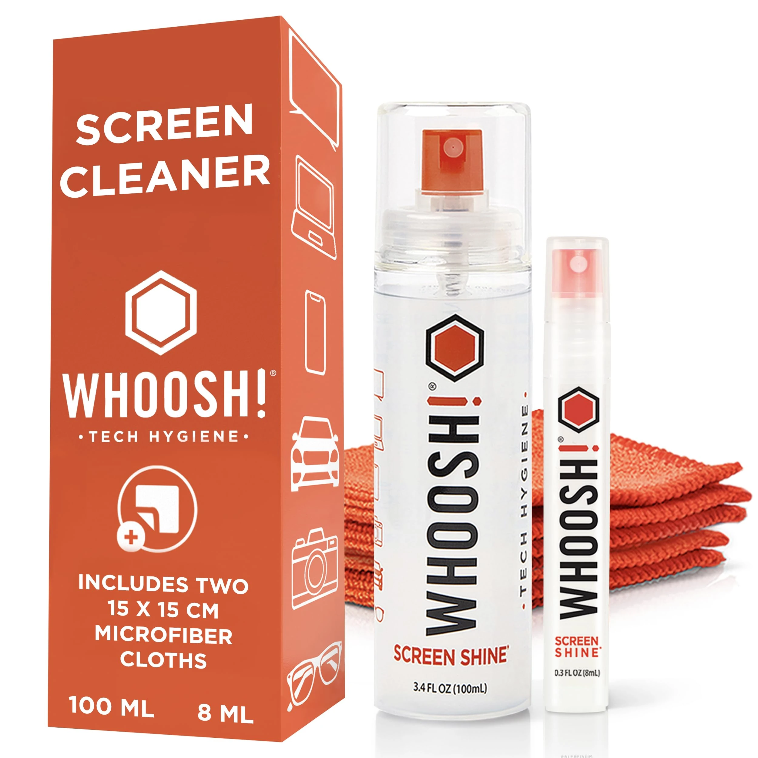 WHOOSH! Screen Shine Duo Monitor, Phone & Laptop Cleaning Kit - 100 mL & 8 mL Bottles for Home & Travel with 2 Microfiber Cloths - Streak & Residue-Free Glasses Cleaner - Safe, Non-Toxic Formula