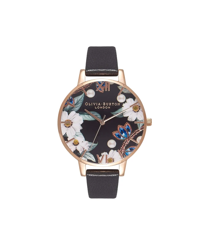 Olivia Burton Analogue Quartz Watch for Women Bejewelled Florals Collection with Black Leather Strap - OB16BF04