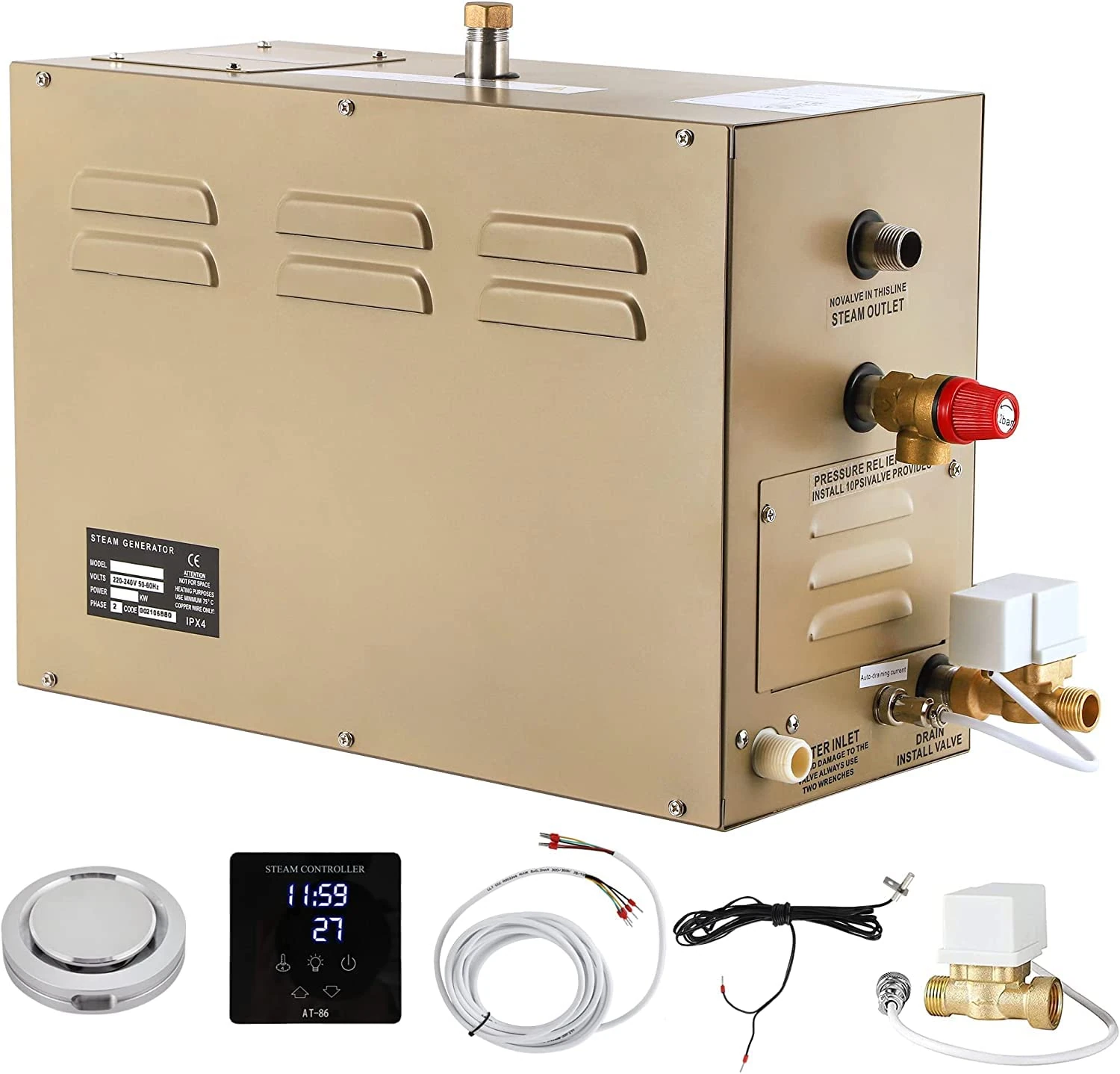 CGOLDENWALL 4.5KW Steam Sauna Generator Kit 220V Shower Bath SPA Generator for Home Commercial Use, with Self-draining Sytem, LED Digital Controller 35-55℃ for 3m³ -4.5m³ Space Heating