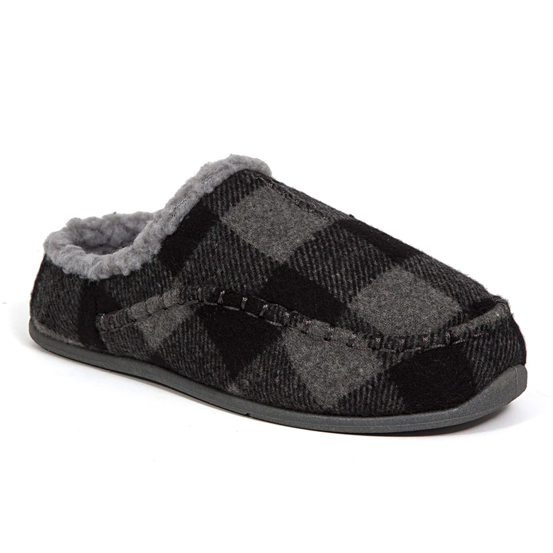 Deer Stags Mens Slippers, Grey/Black Plaid, 8 UK