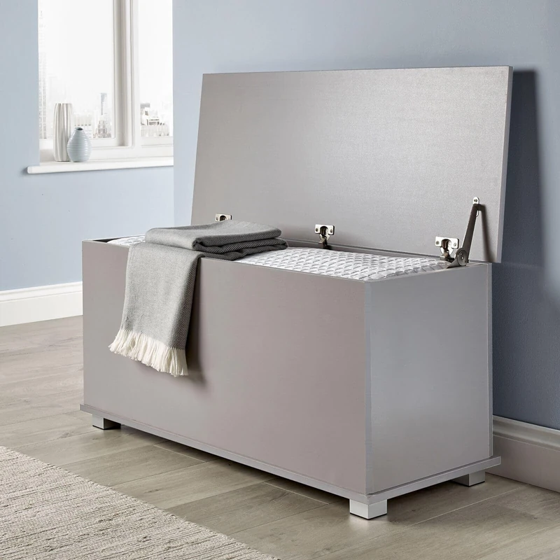Home Source Ottoman Storage Chest Grey Toy Chest Bedding or Blanket Box Large Wooden (Grey) - Image 1