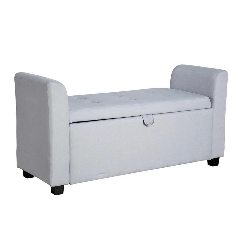 Home Source Storage Ottoman Window Seat, Fabric Footstool Bench, Lift Up Lid Chest, Bedding Blanket Toy Box, 120cm, Grey Linen