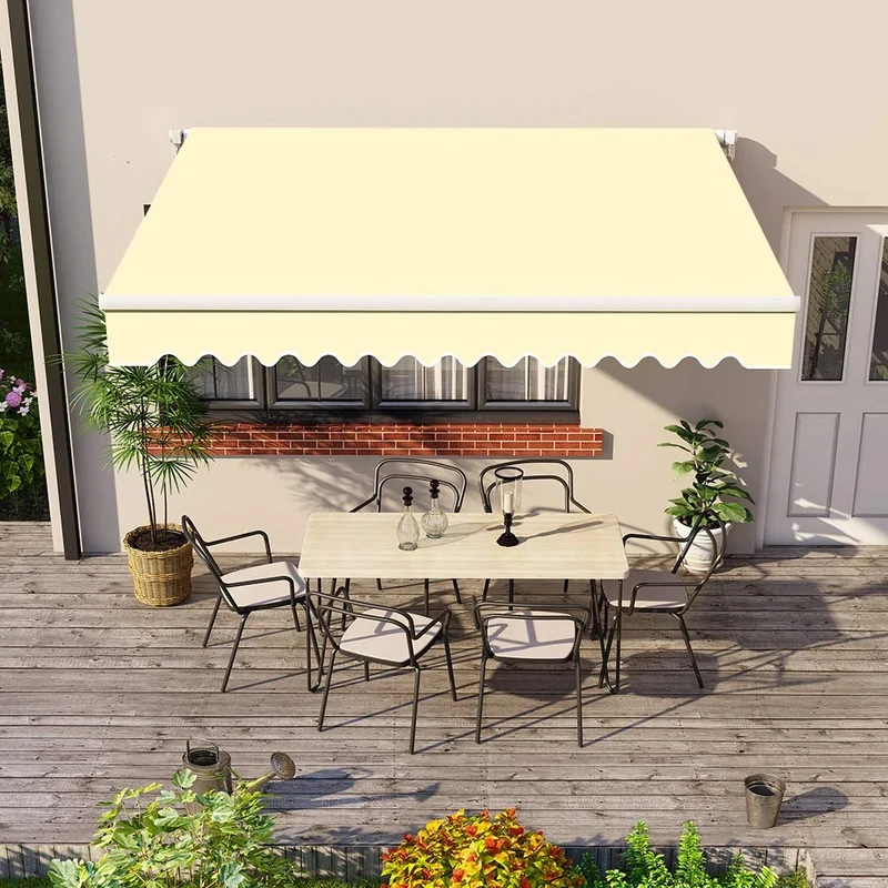 Green Bay Cream DIY Manual Patio Awning, Retractable Gazebo Outdoor Canopy, Garden Sun Shade - 2m x 1.5m