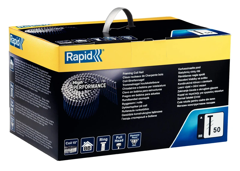 Rapid Professional No. 50 Framing Coil Nails, Length 50 mm, Bright Basic Finish for Indoor Use, Pack of 3600, 5000807