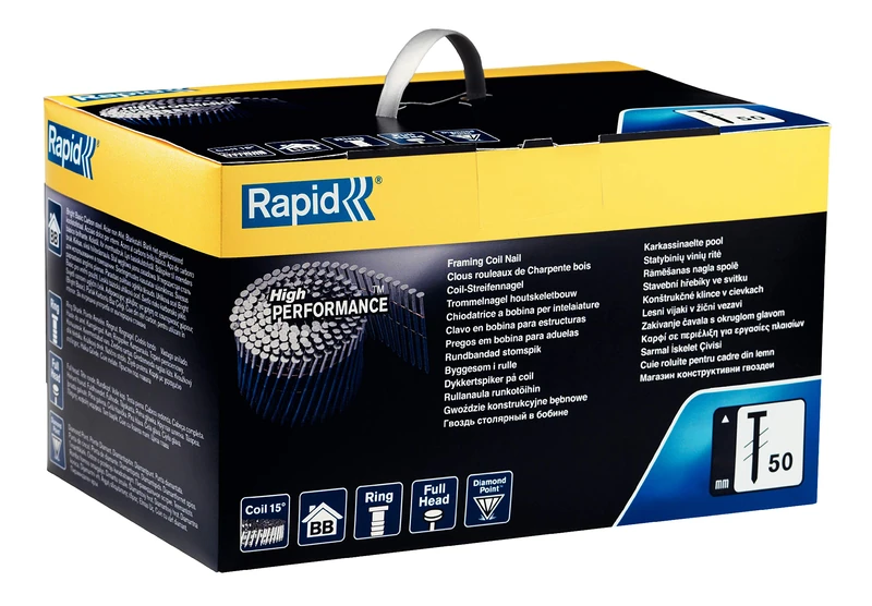 Rapid Professional No. 50 Framing Coil Nails, Length 75 mm, Bright Basic Finish for Indoor Use, Pack of 2700, 5000809