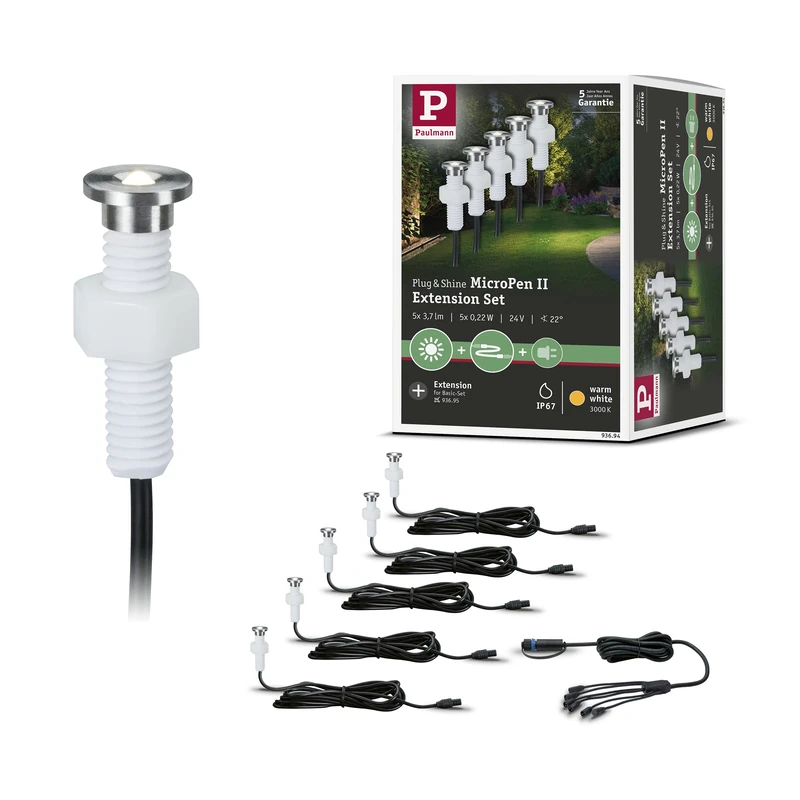 Paulmann 93694 Outdoor Plug & Shine recessed Lighting Extension Set MicroPen II 5x0.22W IP67 3000K Stainless Steel, Silver