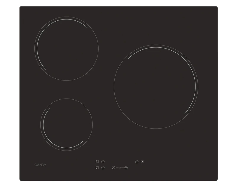 Candy Timeless CH63CC, Ceramic Hob, Three Zones, Large Fire 25 cm, Width 59 cm, 10 Power Levels, 5500W, Central Controls, Safety Lock, Overheat and Spill Alert, Black