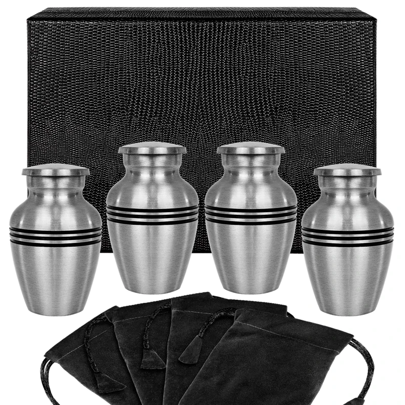 Grace and Mercy Pewter Small Mini Keepsake Urn for Human Ashes - Set of 4 - Beautiful Humble and Comforting Quality Sharing Urns for Your Loved Ones Remains - with Velvet Case and Bags