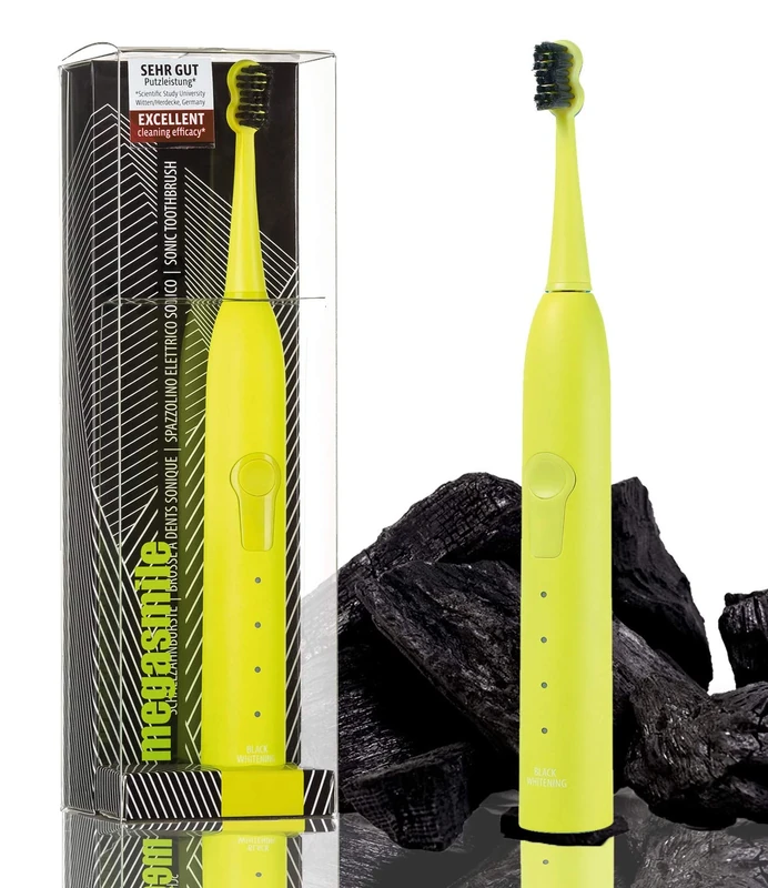Megasmile Sonic Black Whitening II Toothbrush Yellow, 4 Modes, ACP Charcoal Technology for Whiter Teeth, with: Timer, Memory Function, Travel Lock