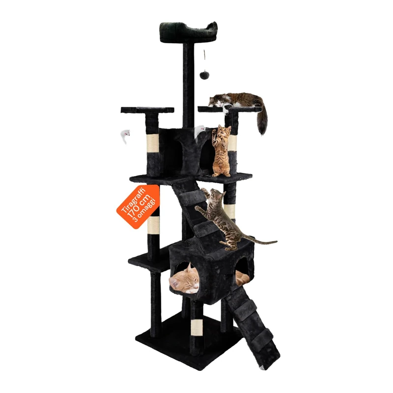 XXL Scratching Post 170 cm with Double Bed for Adult Cats, Sisal and Plush Play Tree, Relaxation Platforms, Large and Safe for Maximum Fun for Cats Black