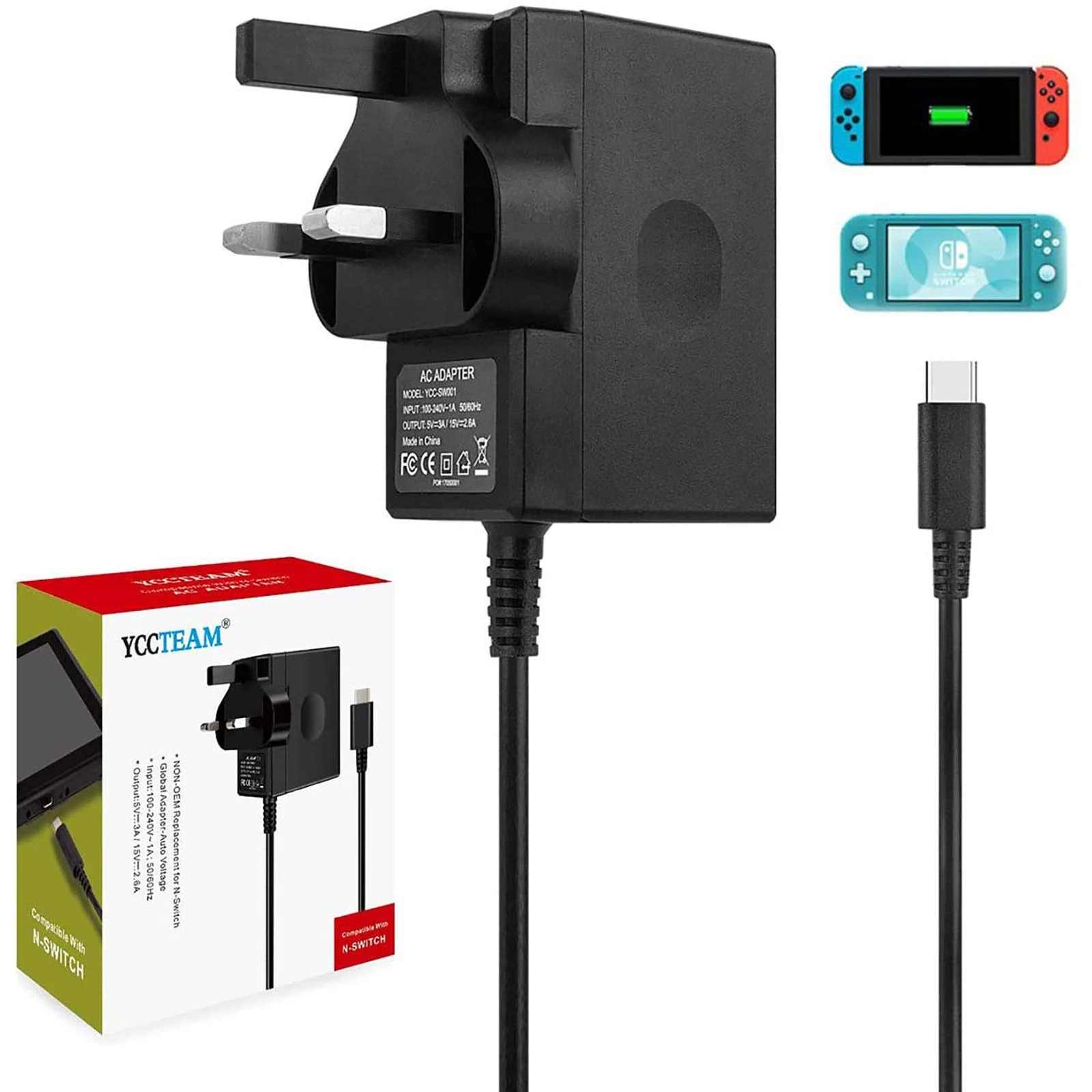 Charger for Switch/Switch OLED/Switch Lite, 2.5 Hours 15V/2.5A Fast Charging AC Adapter 5FT Type-C Cable Power Supply for Switch/Switch Lite/Switch Dock and Switch Pro Controller - Support TV Mode