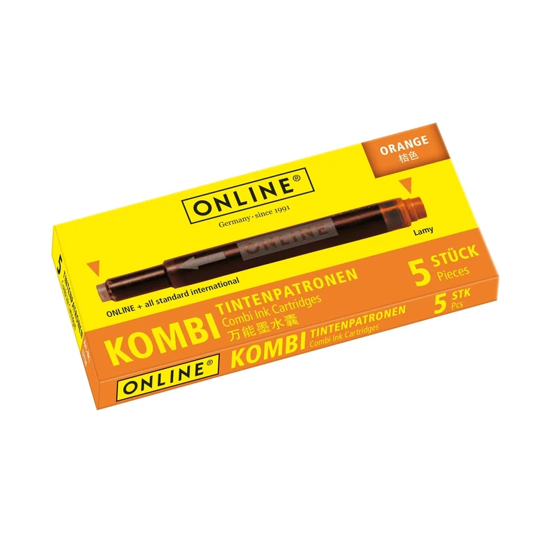 Online Double-Sided Pen Ink cartridges, Universal Pen Refills, Compatible with All Common Fountain pens, Even Lamy pens - 5 Spare cartridges - Colour Orange