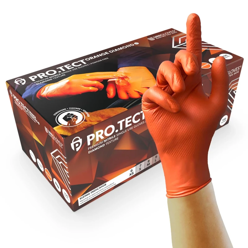 Unigloves PRO.TECT Orange HD GA0054 Nitrile Single Use - Ultra Heavyweight, Multipurpose Powder Free, Silicone Free Disposable Gloves, Box of 100 Gloves, Orange, Large