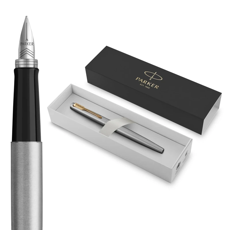 Parker Jotter Fountain Pen | Stainless Steel with Gold Trim | Medium Nib Blue Ink | Includes Gift Box
