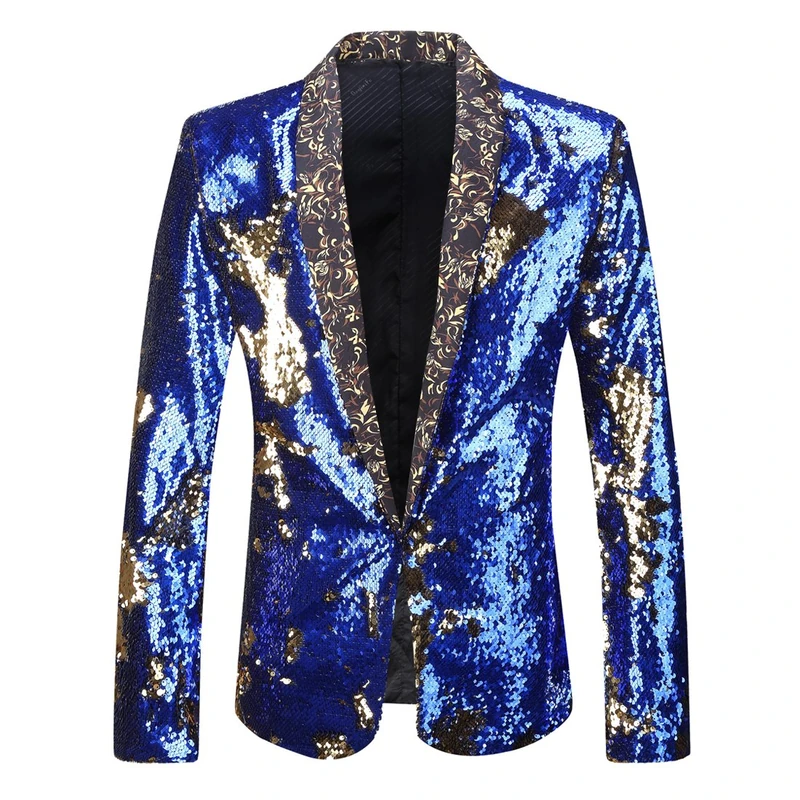 PYJTRL Men Stylish Two Color Conversion Shiny Sequins Blazer Suit Jacket (Royal Blue + Gold, M) - Image 1
