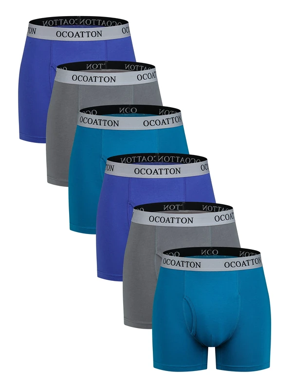 OCOATTON Men's Boxer Briefs Big and Tall Combed Cotton Underwear Open Fly 6-Pack - - XXXL