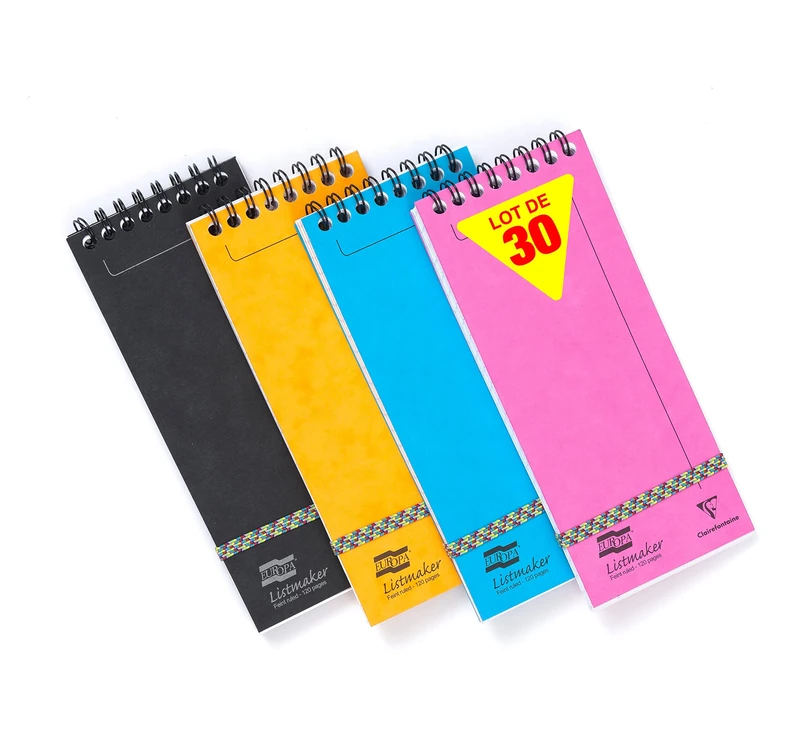 Clairefontaine 482/1110Z Set of 30 Listmaker Europa Spiral Header Shopping Pads 7,6x18 - 120 Lined Pages - 90g White Paper - Glossy Card Covers Random Colours