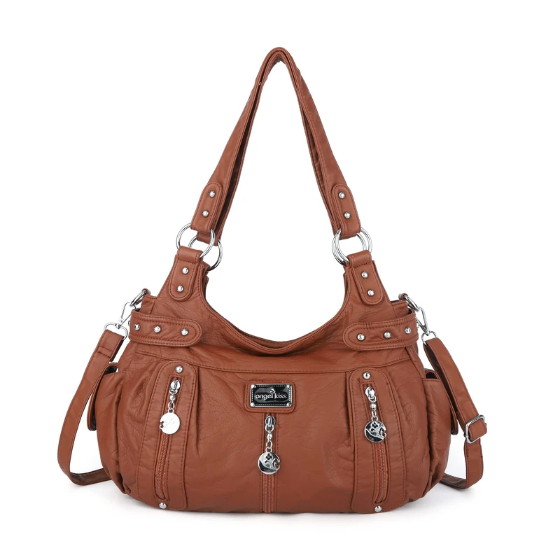 Angel Kiss Large Purses and Handbags for Women Washed Faux Leather Crossbody Hobo Satchel Shoulder Handbag Tote Purse Brown Size: L