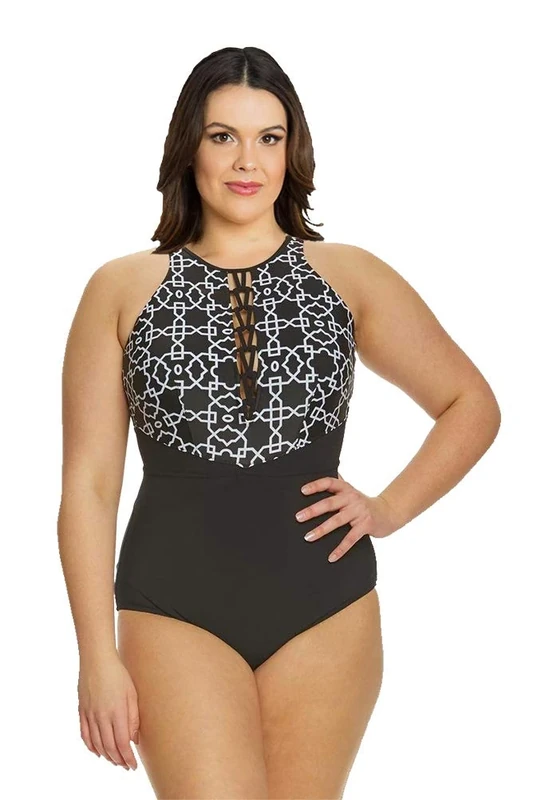 Profile by Gottex Casablanca Plus Size Strappy High Neck One Piece Swimsuit Size 16W Black/White