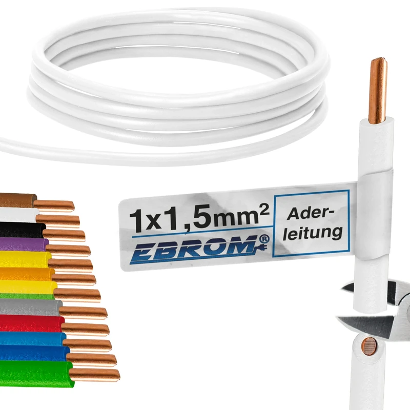 Core cable, single core, rigid, PVC cable, H07V-U 1.5 mm², colour: white, 10 m/15 m/20 m/25 m/30 m/35 m/40 m/45 m/50 m/55 m/60 m up to 100 m freely selectable