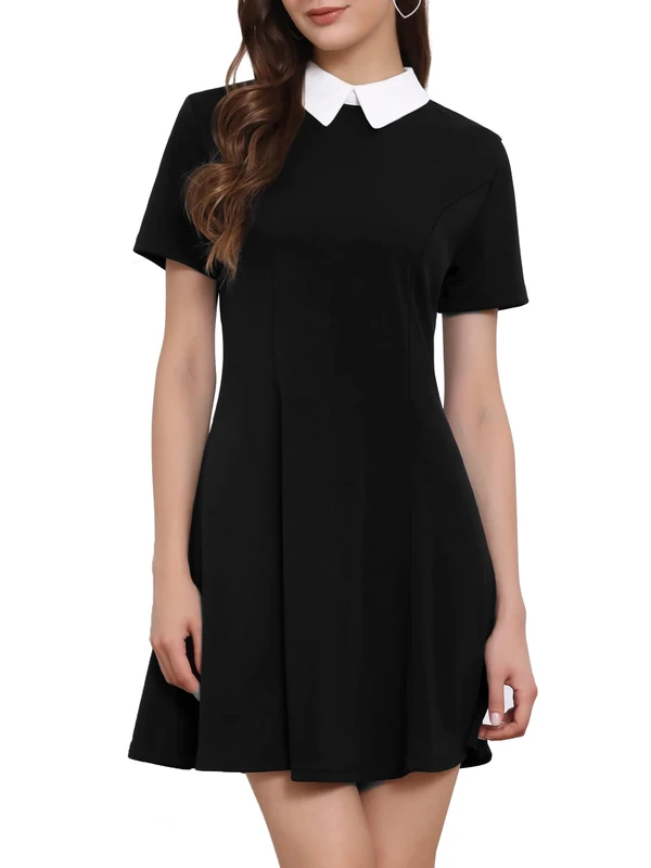 Allegra K Women's Peter Pan Dresses Contrast Doll Collar Short Sleeves Above Knee Flare Dress Black S
